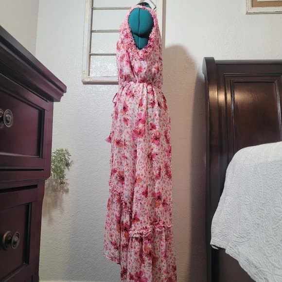 MISA Los Angeles Aurelie Ruffled Pink Floral Midi Dress Size Large - Picture 5 of 14